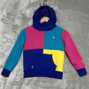 Polo Ralph Lauren Color block Hoodie Unisex Kids Size 6 Blue Pink Preppy EUC
